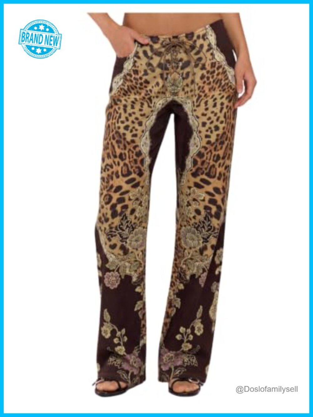 Womens Leopard Print Denim Jeans Lace Up Low Rise Straight Leg